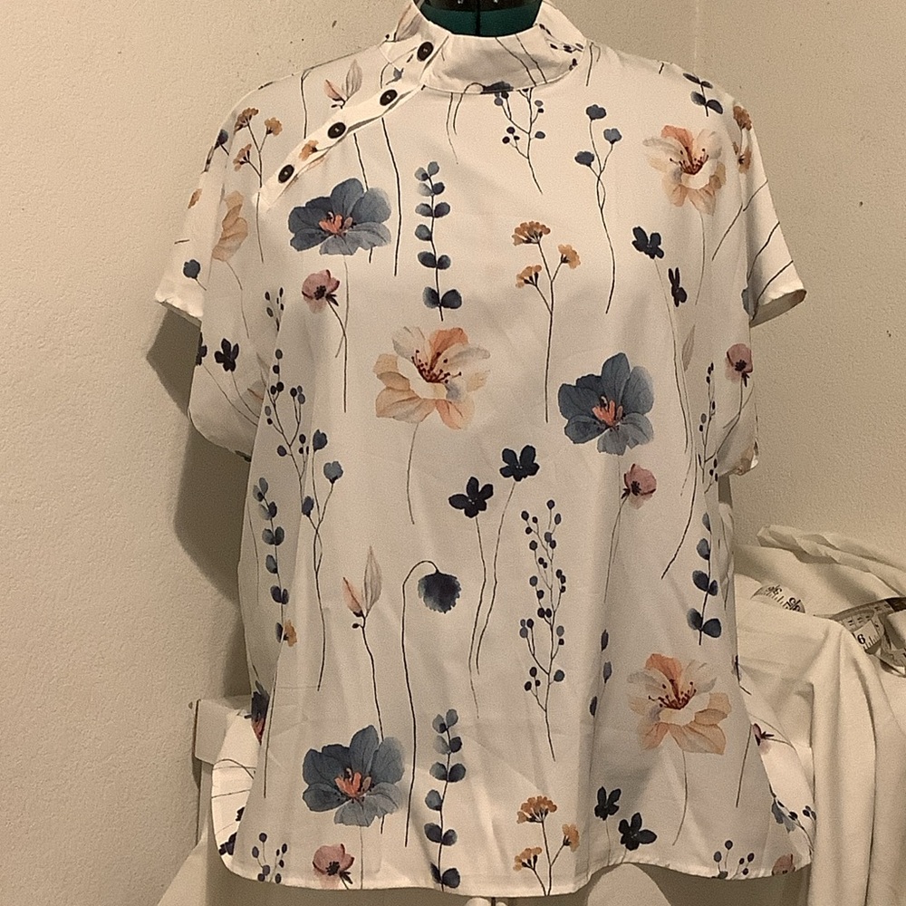 Floral Print Women's Top - White and Blue